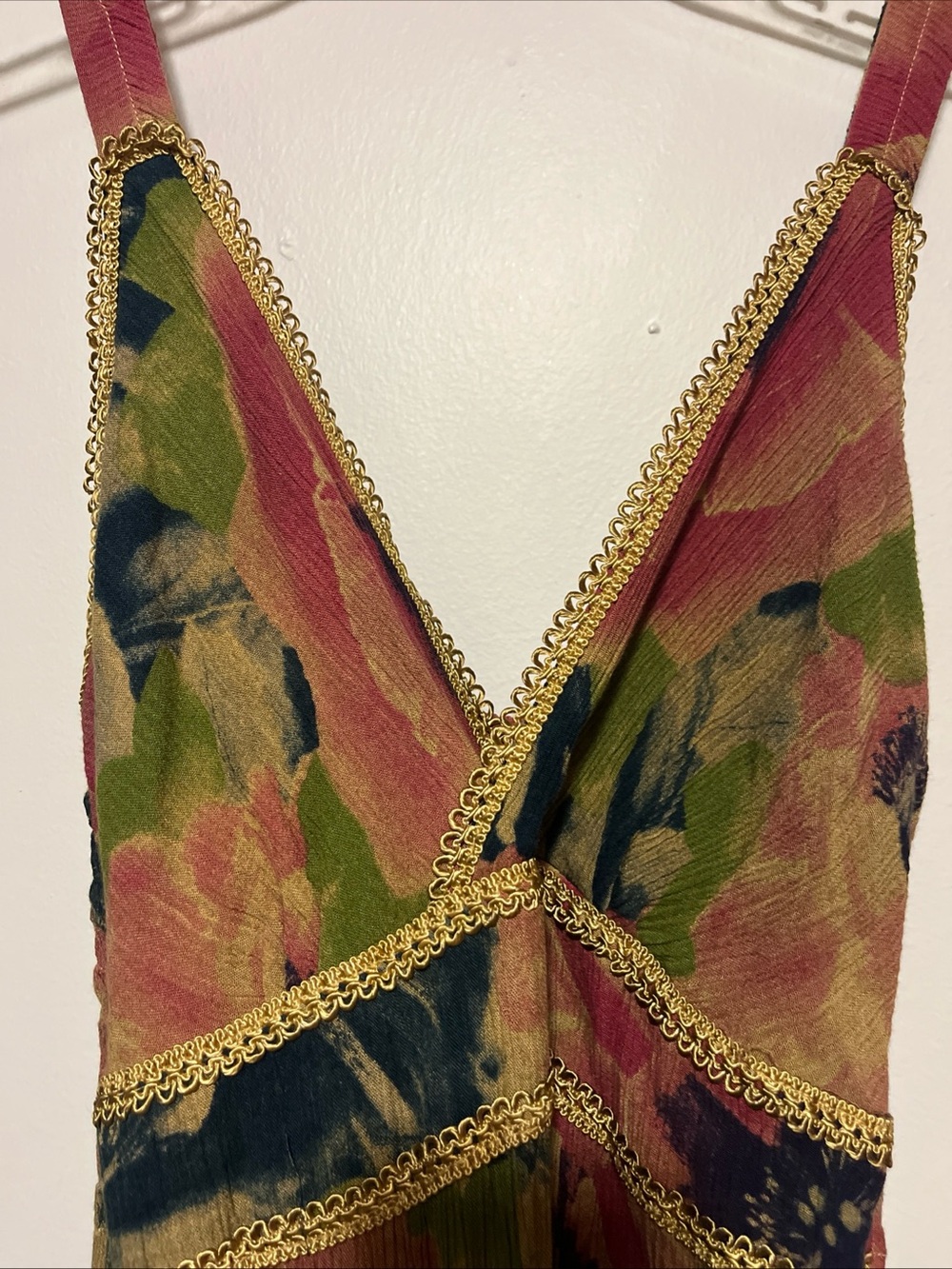 Sleeveless Floral Maxi Dress in Rose and Olive with Gold Trim - Picture 2 of 5